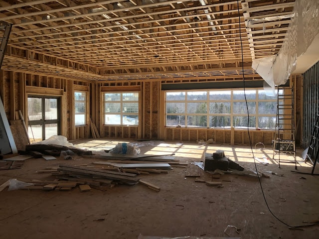 The common room under construction. The room connects to the second floor deck.