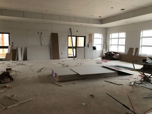 A view of the multipurpose room under construction.